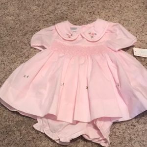 Pink smocked dress with bloomers